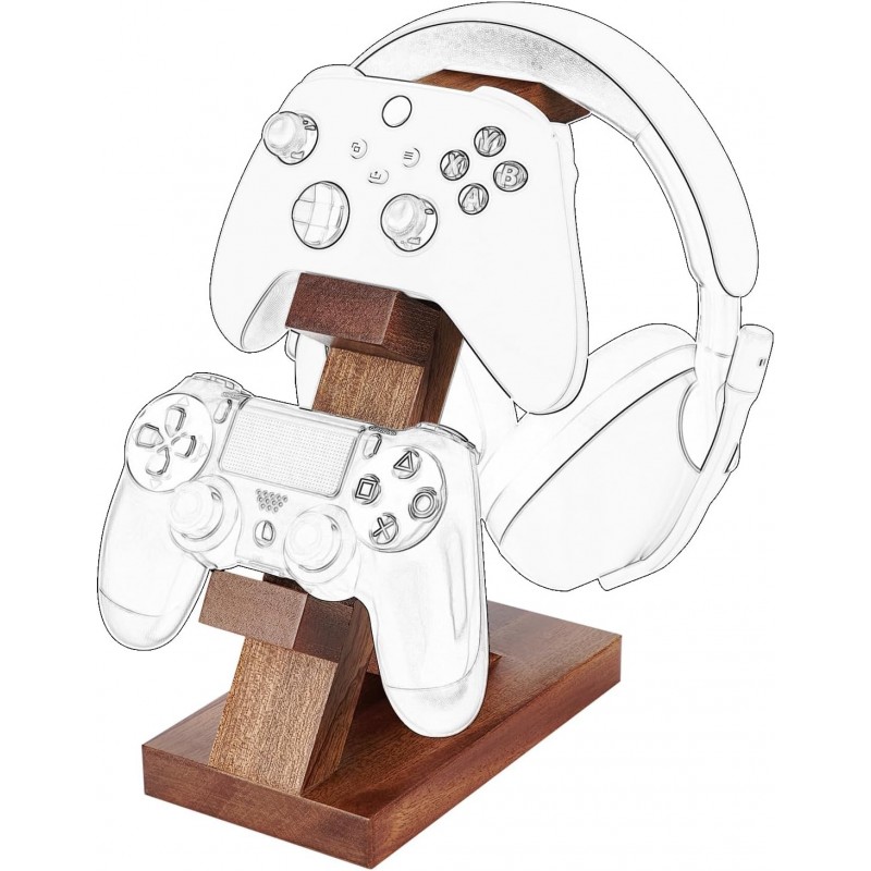 Geekria Support de manette de jeu double en bois massif et support de casque, support de rangement de contrôleur pour PS4/PS5/Xb