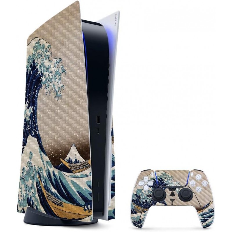 Skin de jeu en fibre de carbone MightySkins pour PS5 / Playstation 5 - Great Wave of Kanagawa | Finition en fibre de carbone tex