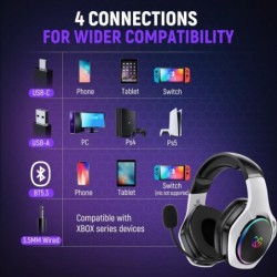 Casque de jeu sans fil 2,4 GHz pour 40 heures et plus, casque sans fil Bluetooth 5.3 avec micro ENC réglable à 360 degrés, casqu