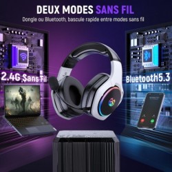 Casque de jeu sans fil 2,4 GHz pour 40 heures et plus, casque sans fil Bluetooth 5.3 avec micro ENC réglable à 360 degrés, casqu