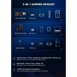 Casque de jeu sans fil, casque de jeu USB 2,4 GHz pour PS5, PS4, PC, Fortnite, Switch, Mac avec Bluetooth 5.3, batterie 60H, mic