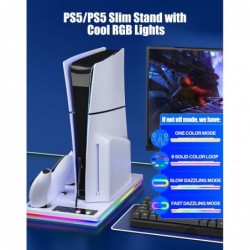 Station de refroidissement PS5/PS5 Slim avec LED RVB, support de refroidissement PS5 et station de charge de contrôleur pour PS5