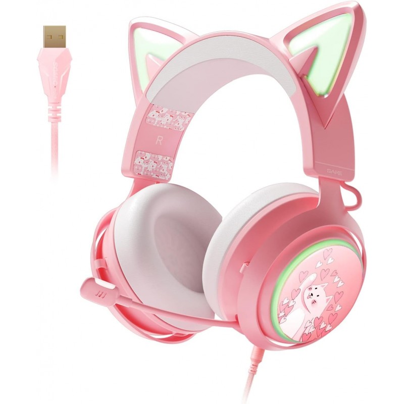 Casque d'oreille de chat, casque de jeu rose avec micro rétractable, son surround 7.1, éclairage RVB, casque filaire pour PC, PS