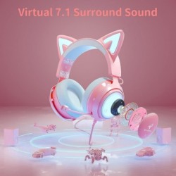 Casque d'oreille de chat, casque de jeu rose avec micro rétractable, son surround 7.1, éclairage RVB, casque filaire pour PC, PS