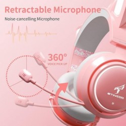 Casque d'oreille de chat, casque de jeu rose avec micro rétractable, son surround 7.1, éclairage RVB, casque filaire pour PC, PS