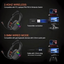 Casque de jeu sans fil pour PS5, PS4, PC, Mac, ordinateur portable, dongle USB 2,4 GHz, casque de jeu sans fil avec micro détach