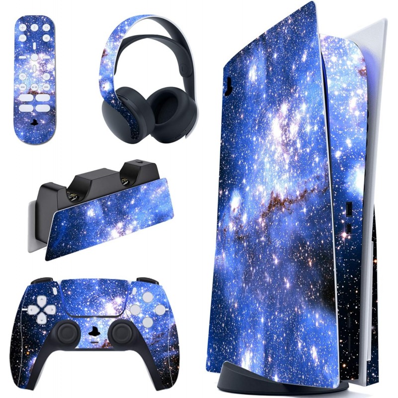 Ensemble complet d'autocollants PlayVital Blue Galaxy pour console PS5 Disc Edition, autocollant en vinyle pour manette PS5, sta